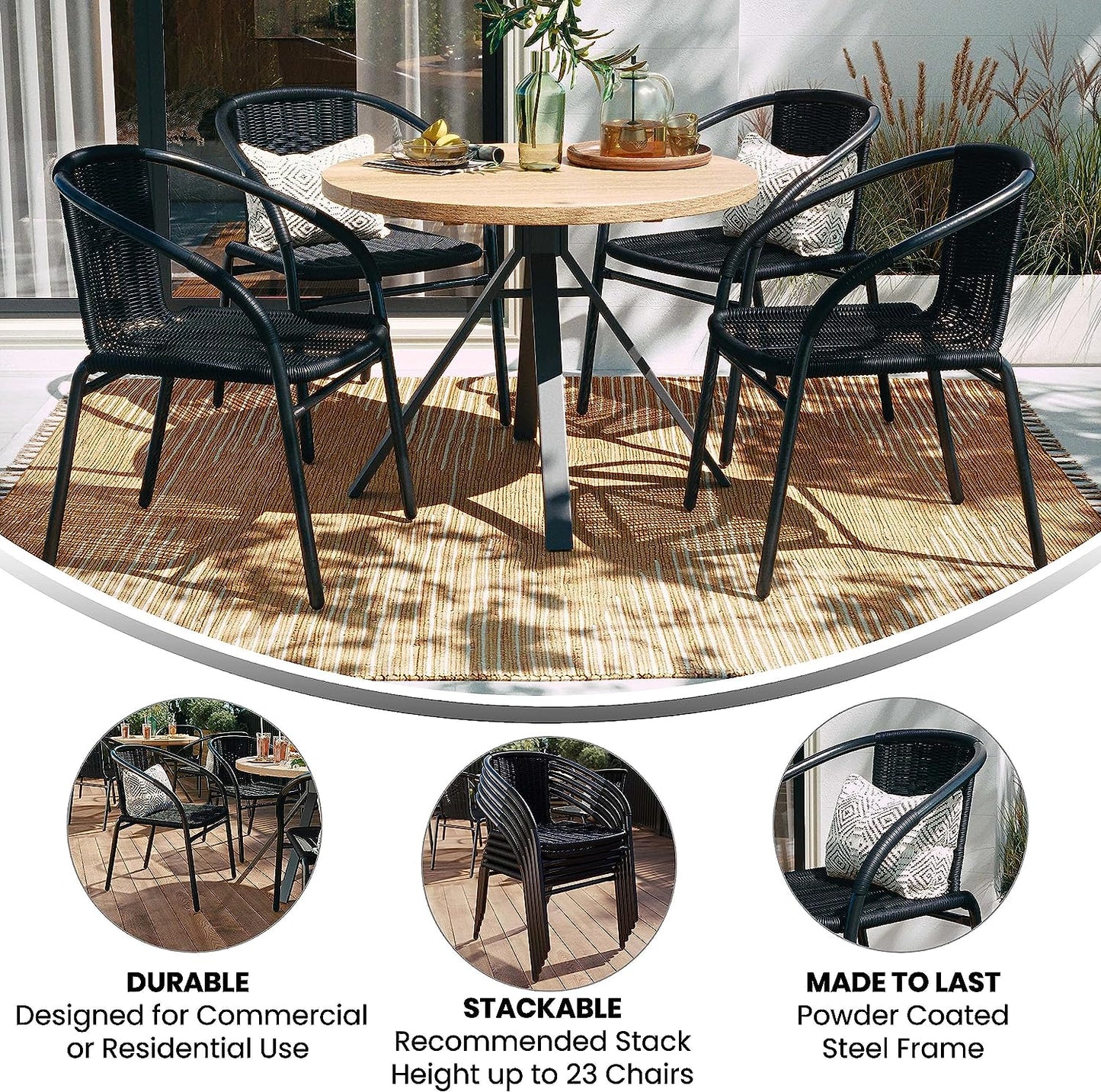 Flash Furniture Lila 4 Pack Black Rattan Indoor-Outdoor Restaurant Stack Chair