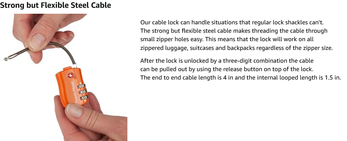Travel Combination Cable Locks - TSA Approved
