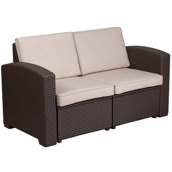 Flash Furniture Seneca Chocolate Brown Faux Rattan Loveseat w/All-Weather Beige Cushions