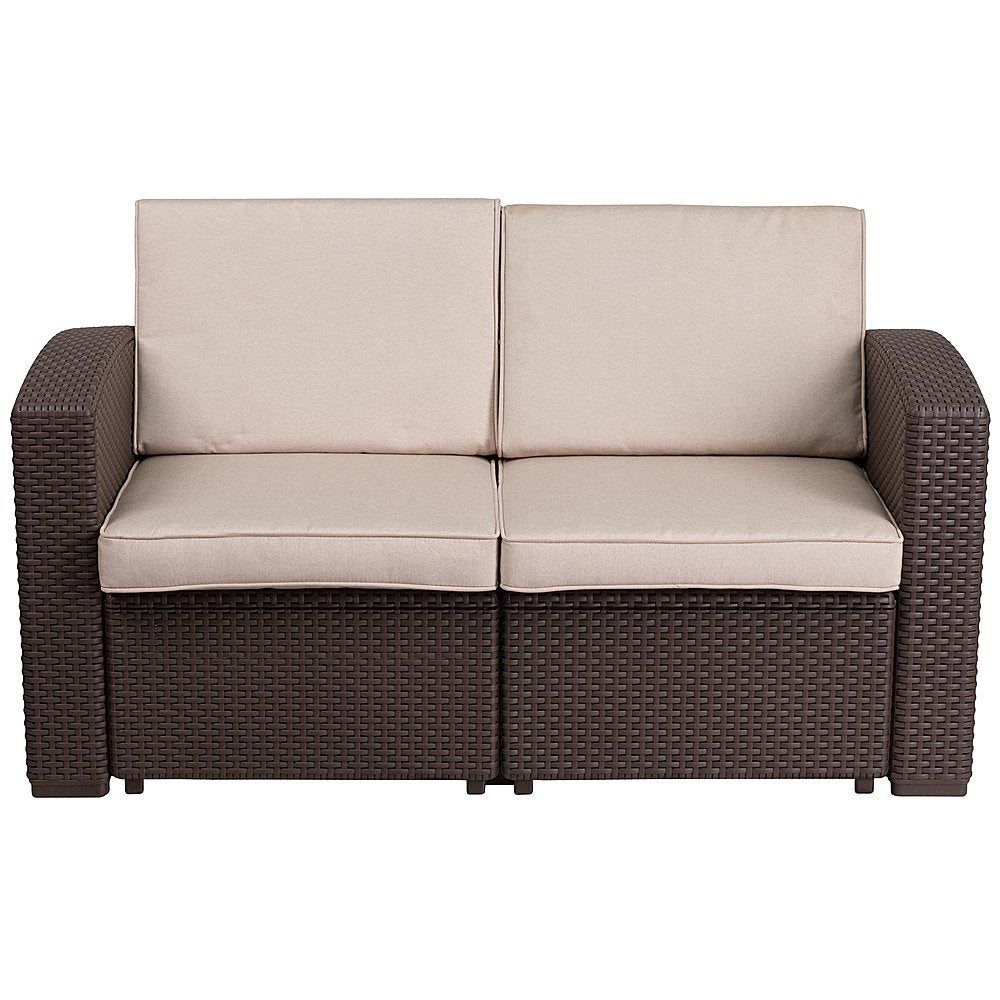 Flash Furniture Seneca Chocolate Brown Faux Rattan Loveseat w/All-Weather Beige Cushions