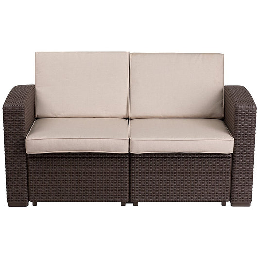 Flash Furniture Seneca Chocolate Brown Faux Rattan Loveseat w/All-Weather Beige Cushions