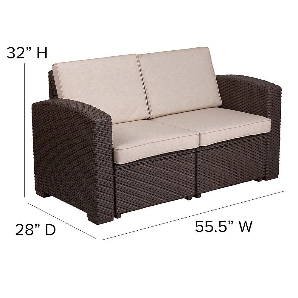 Flash Furniture Seneca Chocolate Brown Faux Rattan Loveseat w/All-Weather Beige Cushions