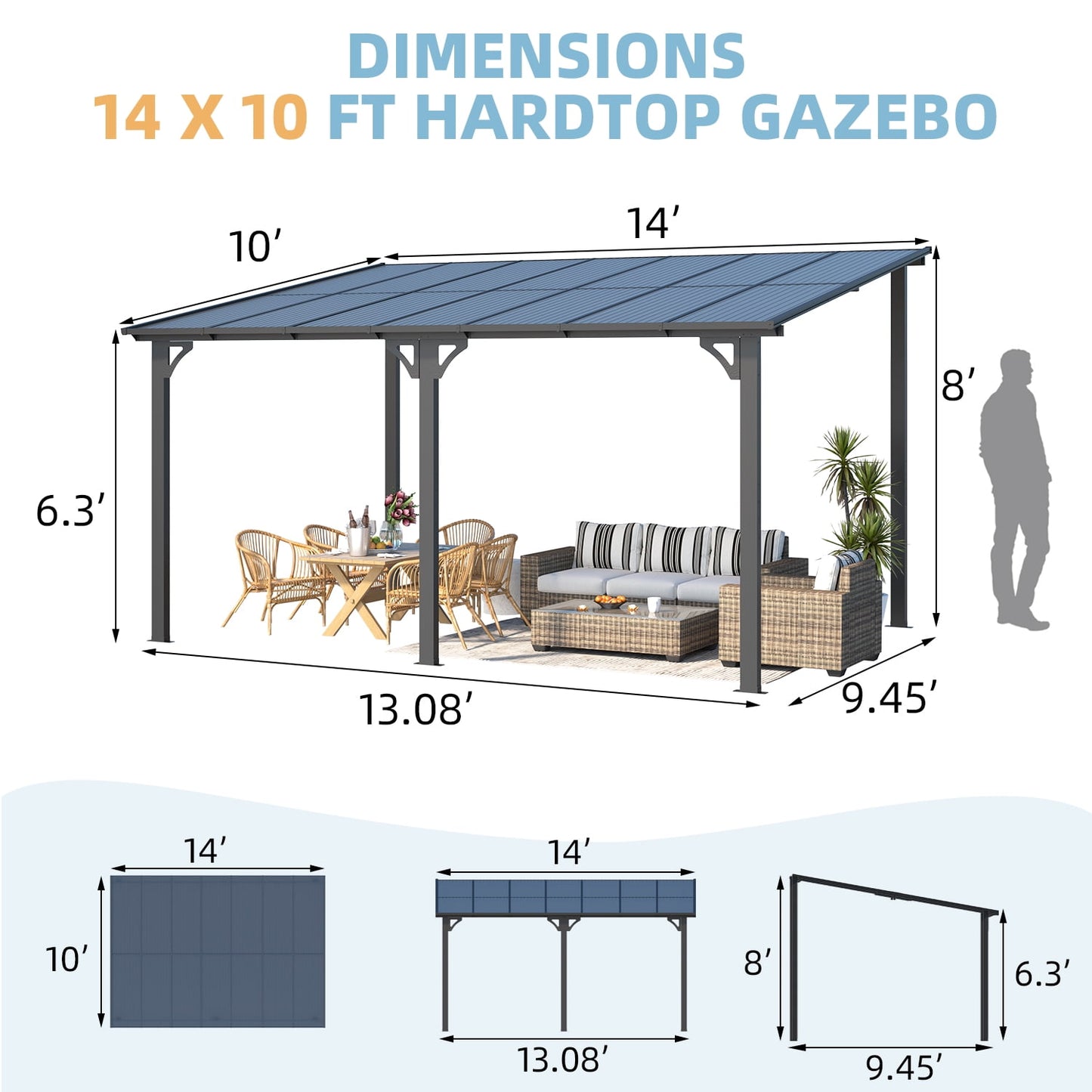 AECOJOY 10' x 14' Hardtop Gazebo Outdoor Aluminum Pergola for Garden, Patio, Backyard-Gray