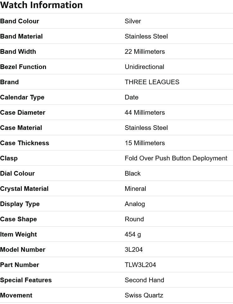 Three Leagues Grey Quartz Silver Stainless Steel Bracelet Men's Watch w/Date