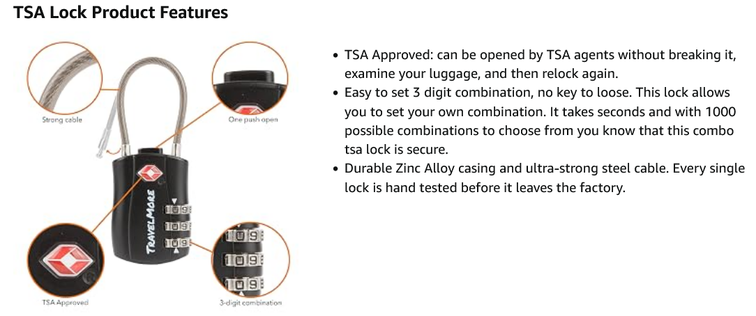 Travel Combination Cable Locks - TSA Approved