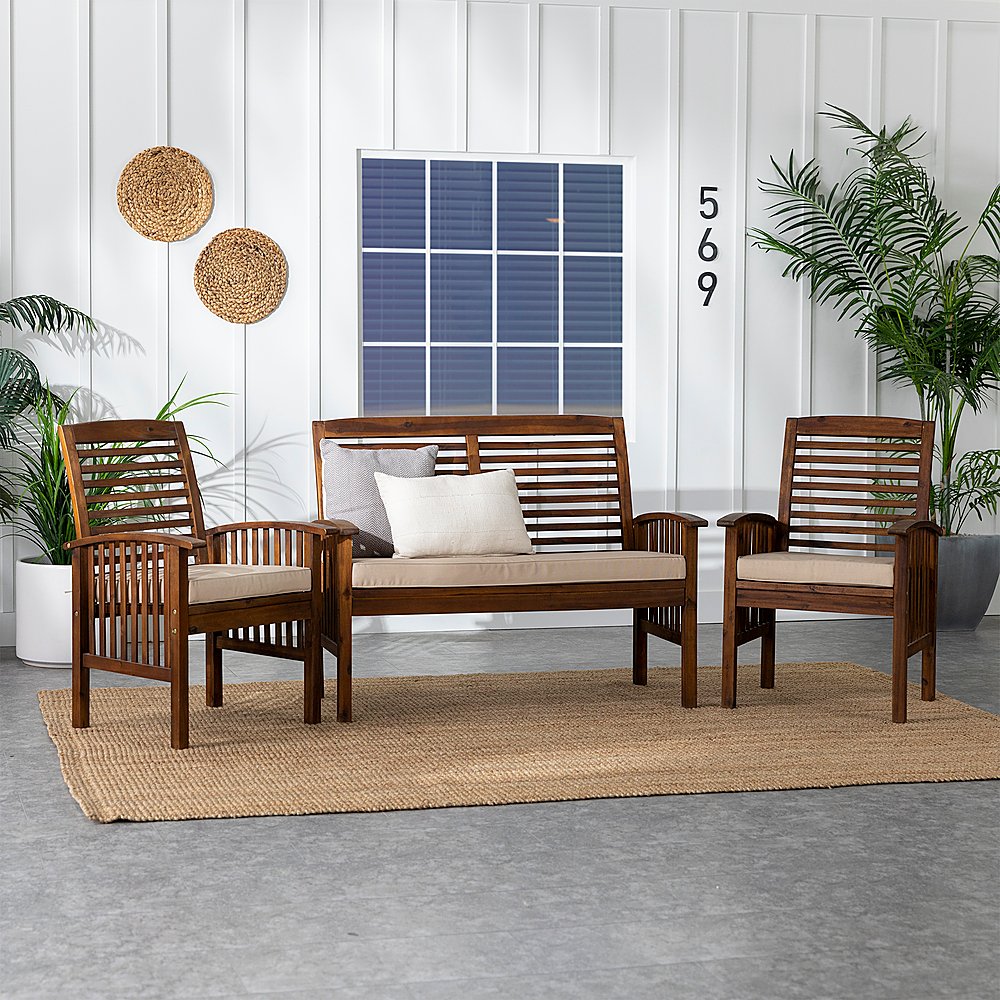 Walker Edison - Modern 3-Piece Slat-Back Acacia Wood Chat Set - Dark Brown