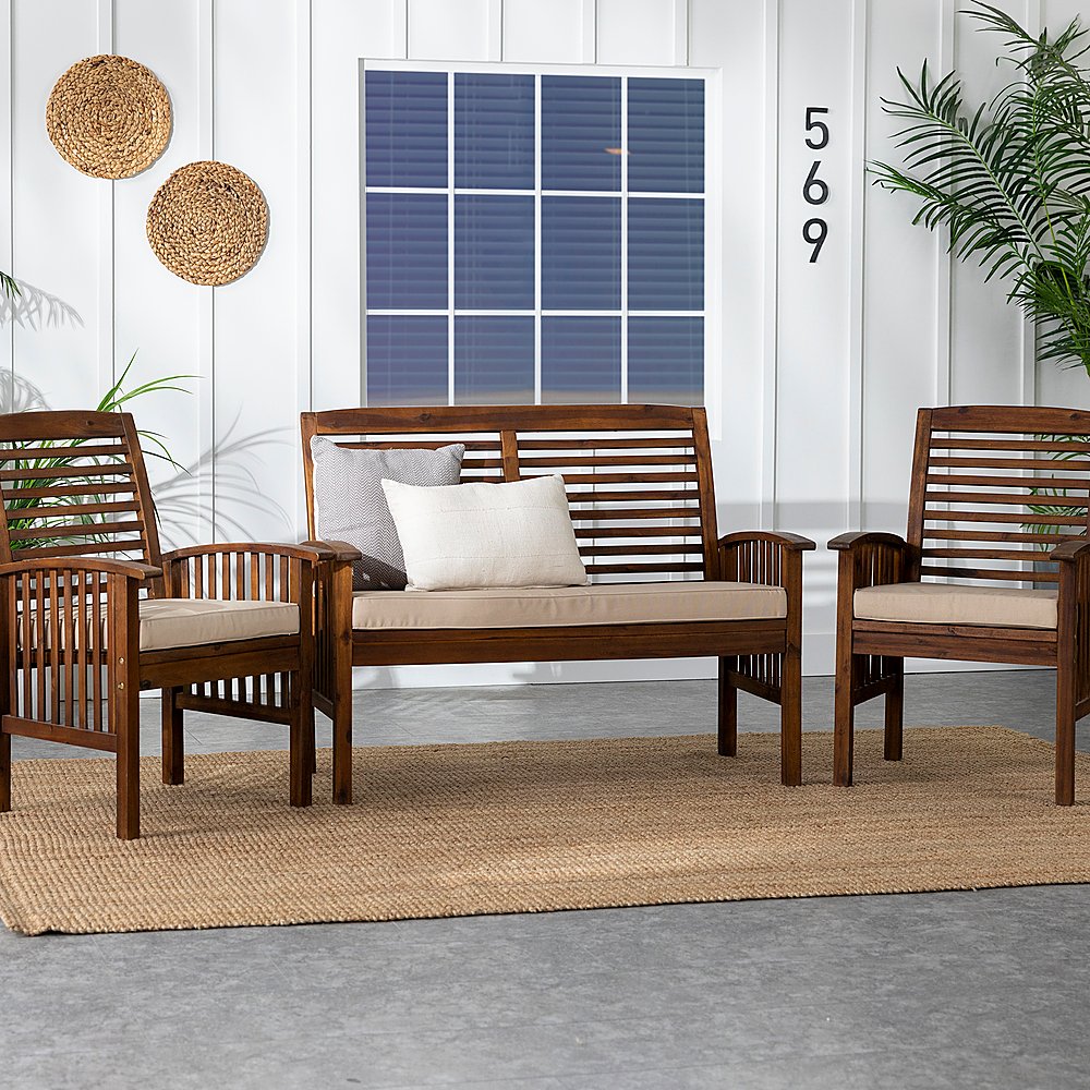 Walker Edison - Modern 3-Piece Slat-Back Acacia Wood Chat Set - Dark Brown